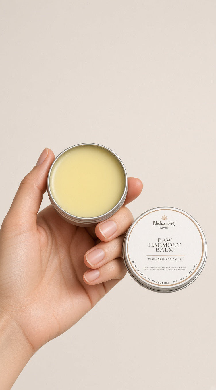 Paw Harmony Balm open tin showing smooth natural grass-fed beef tallow paw balm texture