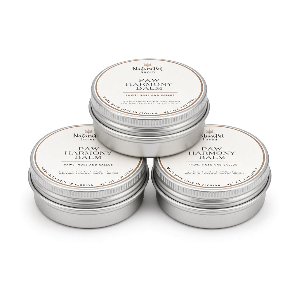 Paw Harmony Balm natural ingredients – grass-fed beef tallow, beeswax, shea butter, coconut oil, olive oil, and vitamin E