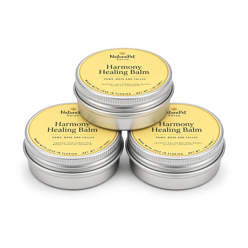 Harmony Healing Balm open tin with soothing calendula-infused natural tallow balm for dry or irritated pet skin