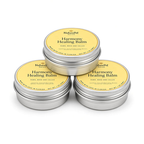 Harmony Healing Balm open tin with soothing calendula-infused natural tallow balm for dry or irritated pet skin